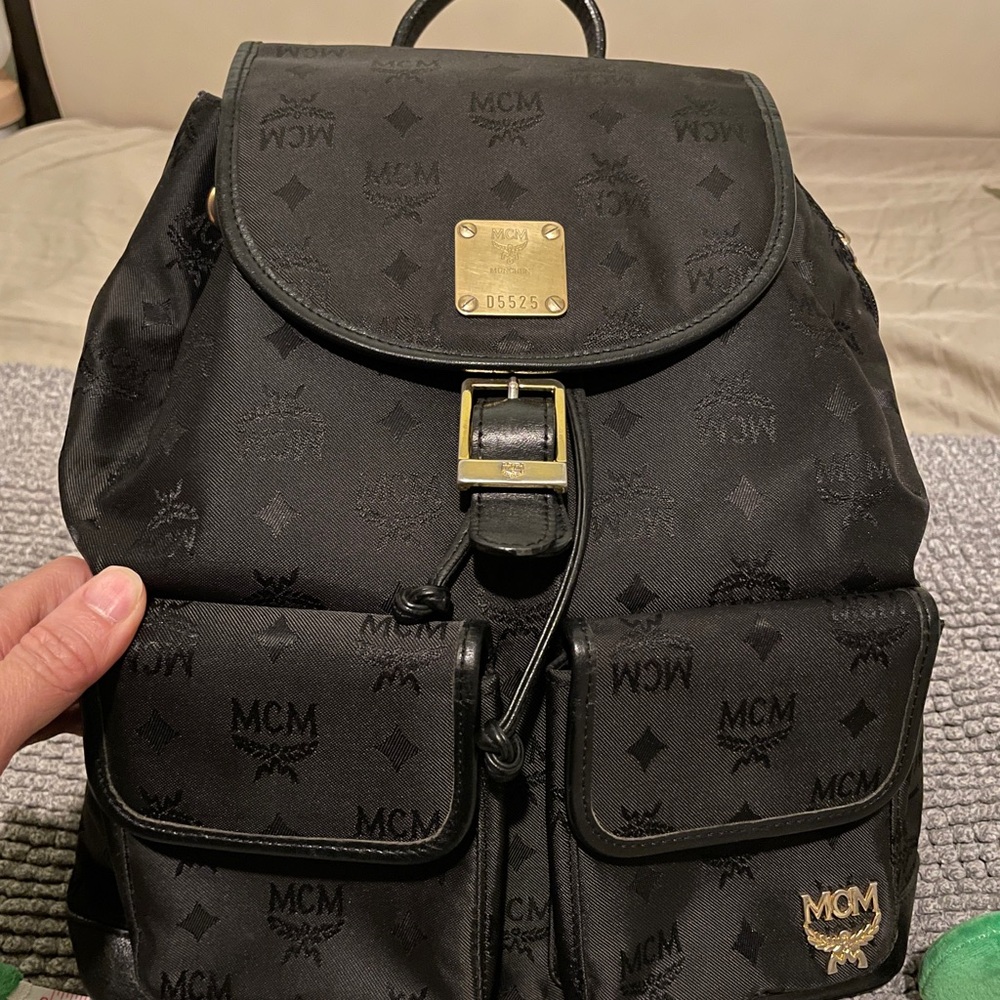 MCM Black Monogram Backpack with Gold-Tone Hardware